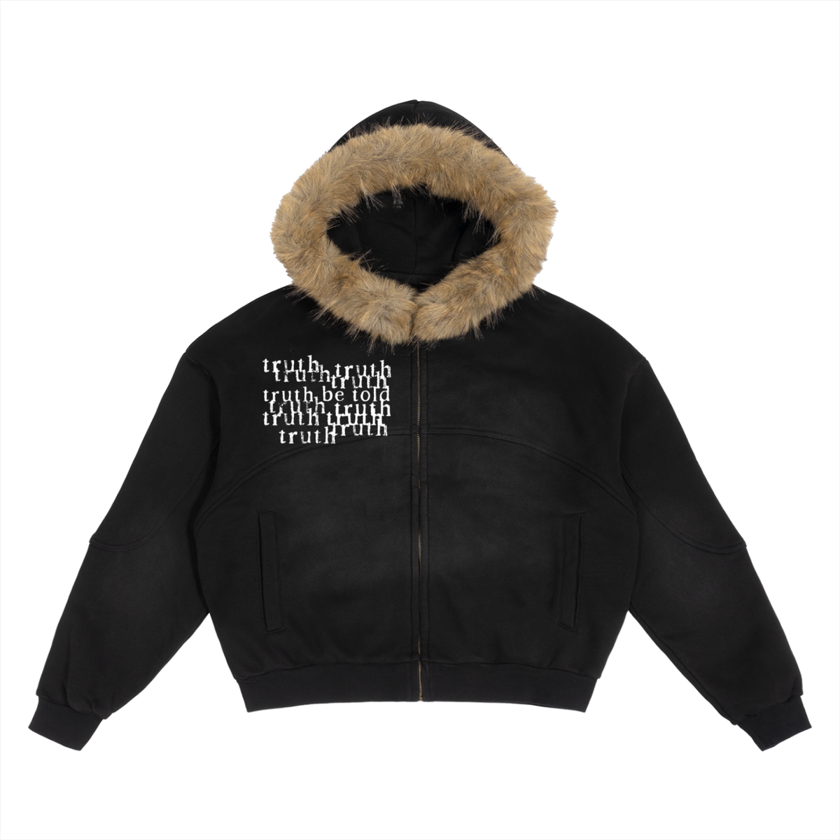 sun fade boxy detachable zip fur hoodie