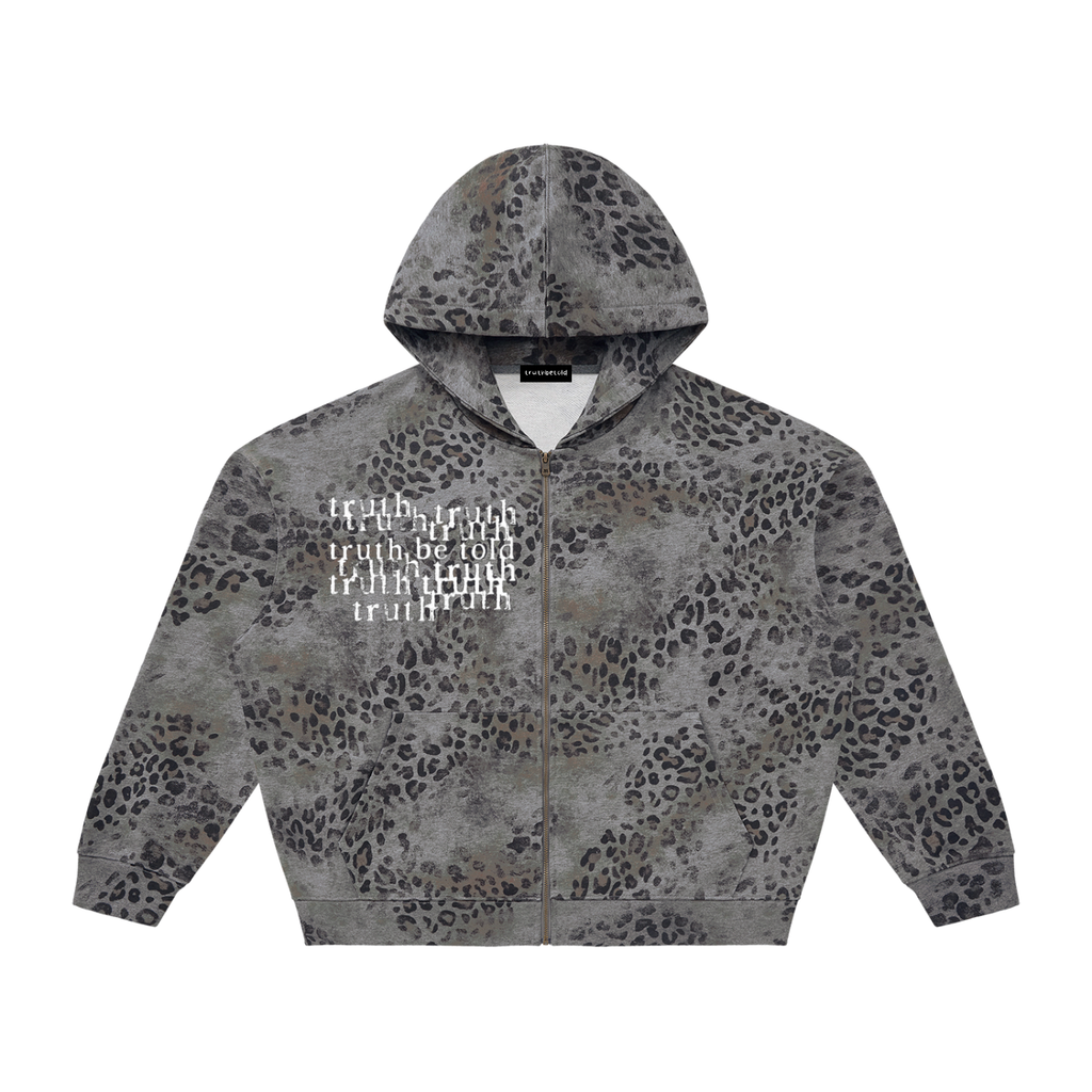 vintage wash leopard zip hoodie