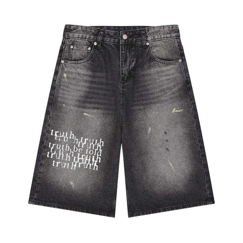 black “telling the truth” vintage wash jean shorts