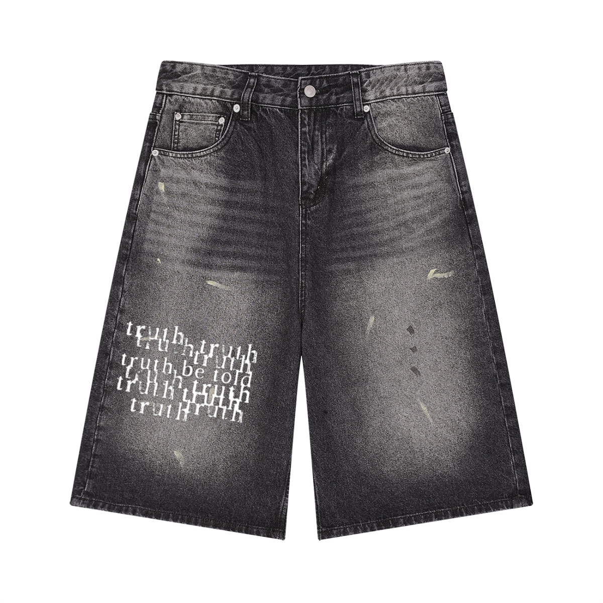 black “telling the truth” vintage wash jean shorts