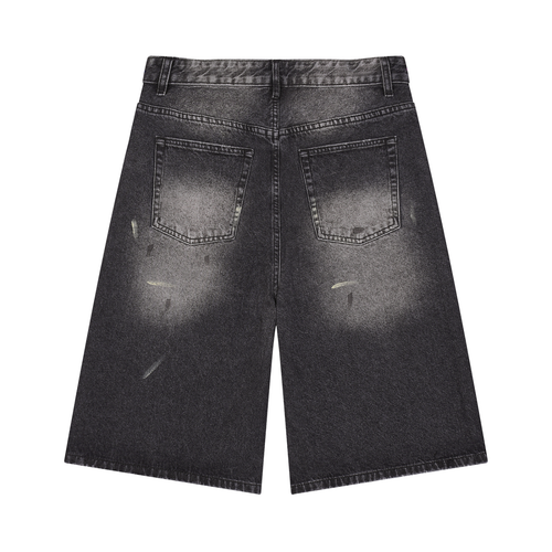 black “telling the truth” vintage wash jean shorts