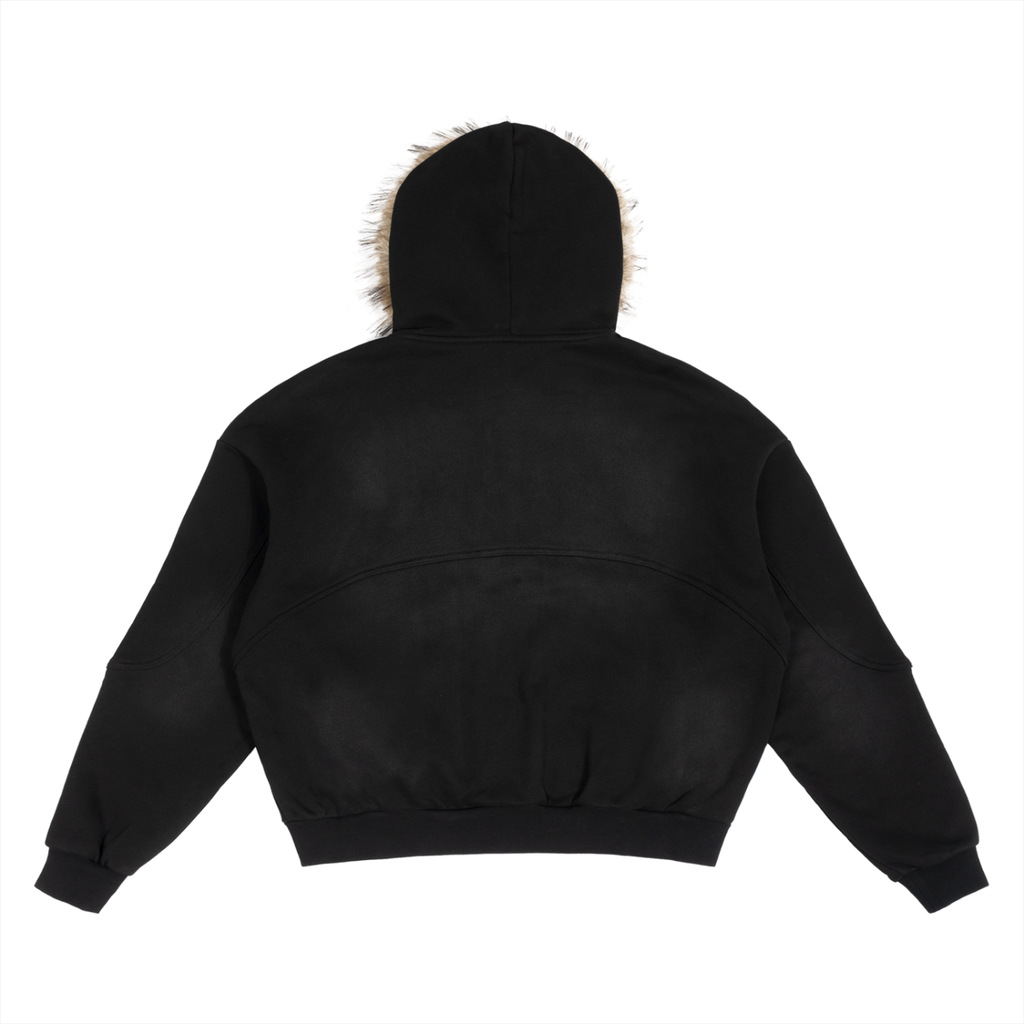 sun fade boxy detachable zip fur hoodie